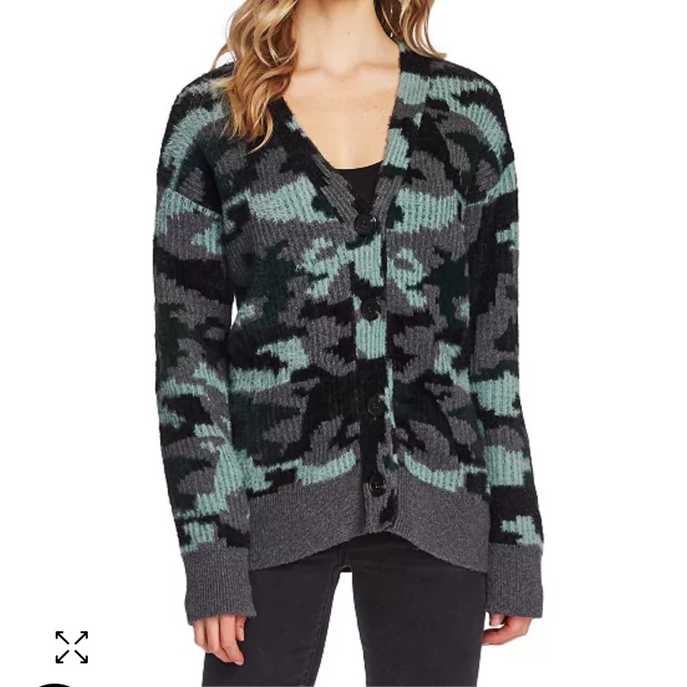 Vince Camuto Fuzzy Eyelash Camo Camouflage Button Cardigan Sweater